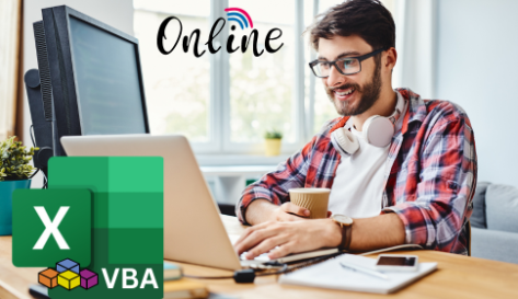 Microsoft Excel VBA online Training mit Live Trainer | Mann vor Computer, Logo Excel VBA Programmierung