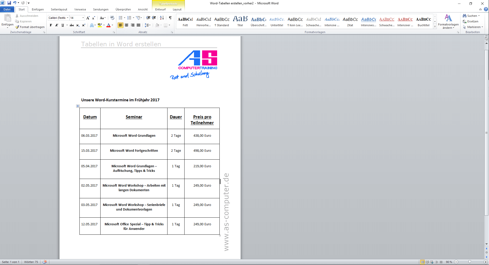 Tabellen Erstellen In Word Eine Anleitung AS Computertraining